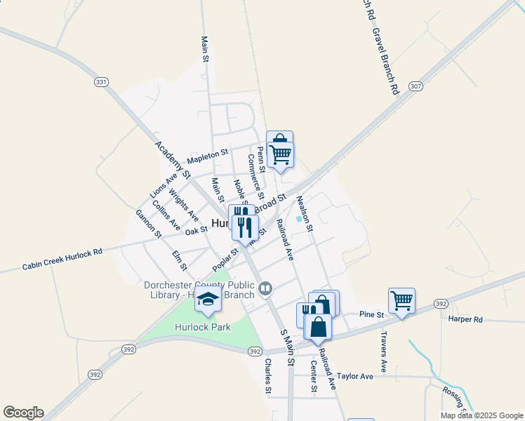 map of restaurants, bars, coffee shops, grocery stores, and more near 201 Maryland 307 in Hurlock
