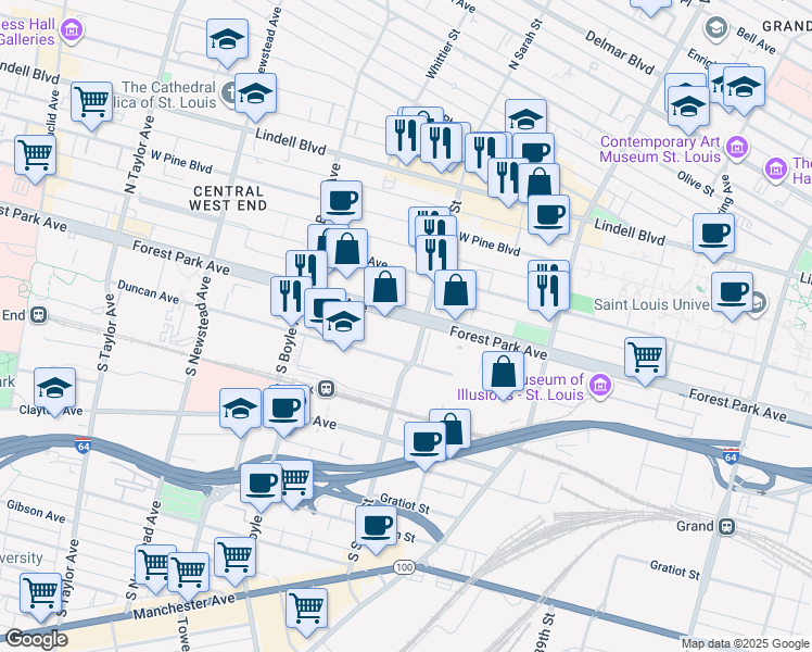 map of restaurants, bars, coffee shops, grocery stores, and more near 205 South Sarah Street in St. Louis