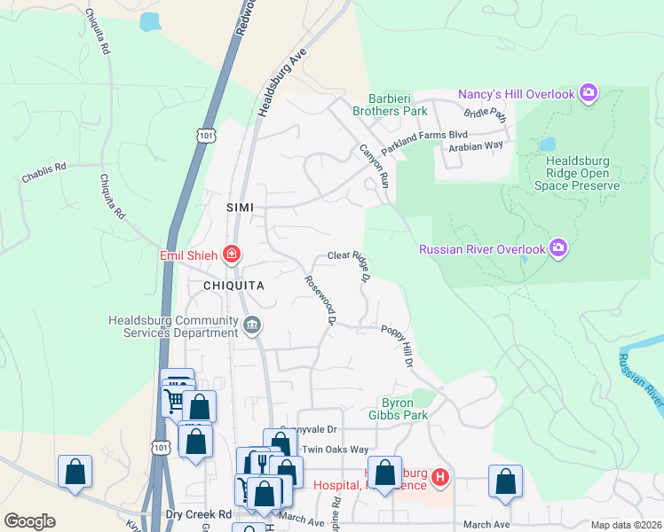 map of restaurants, bars, coffee shops, grocery stores, and more near 240 Clear Ridge Drive in Healdsburg