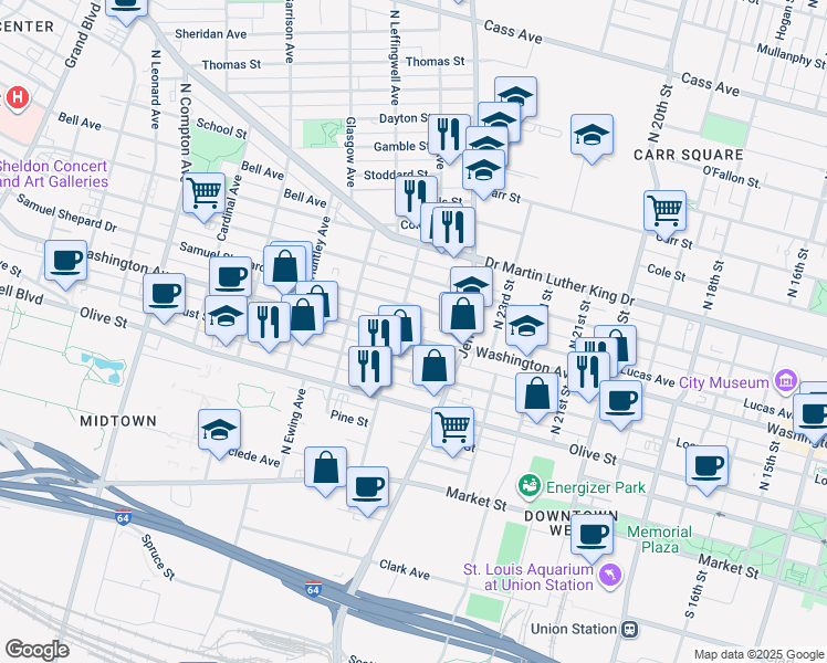 map of restaurants, bars, coffee shops, grocery stores, and more near 2637 Washington Boulevard in St. Louis