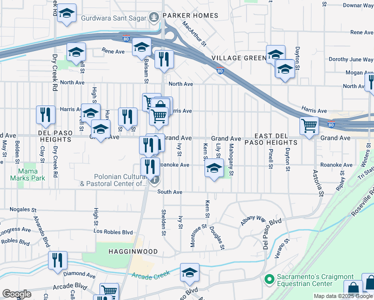 map of restaurants, bars, coffee shops, grocery stores, and more near 3724 Jasmine Street in Sacramento
