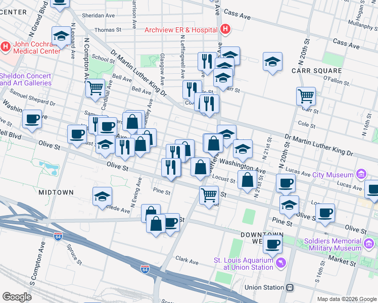 map of restaurants, bars, coffee shops, grocery stores, and more near 2700 Washington Avenue in St. Louis