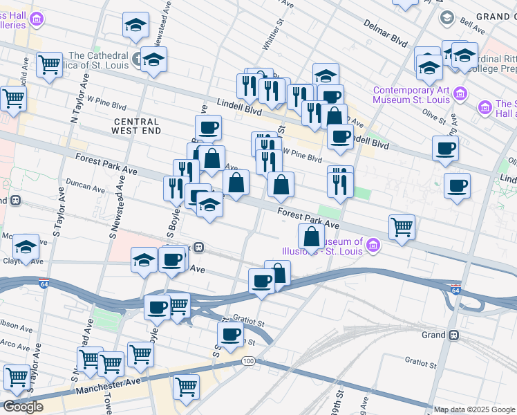 map of restaurants, bars, coffee shops, grocery stores, and more near 205 South Sarah Street in St. Louis