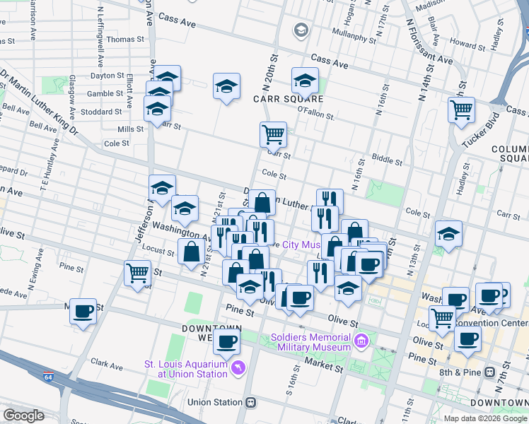 map of restaurants, bars, coffee shops, grocery stores, and more near 1901 Delmar Boulevard in St. Louis