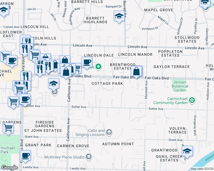 map of restaurants, bars, coffee shops, grocery stores, and more near 8000 Fair Oaks Boulevard in Carmichael