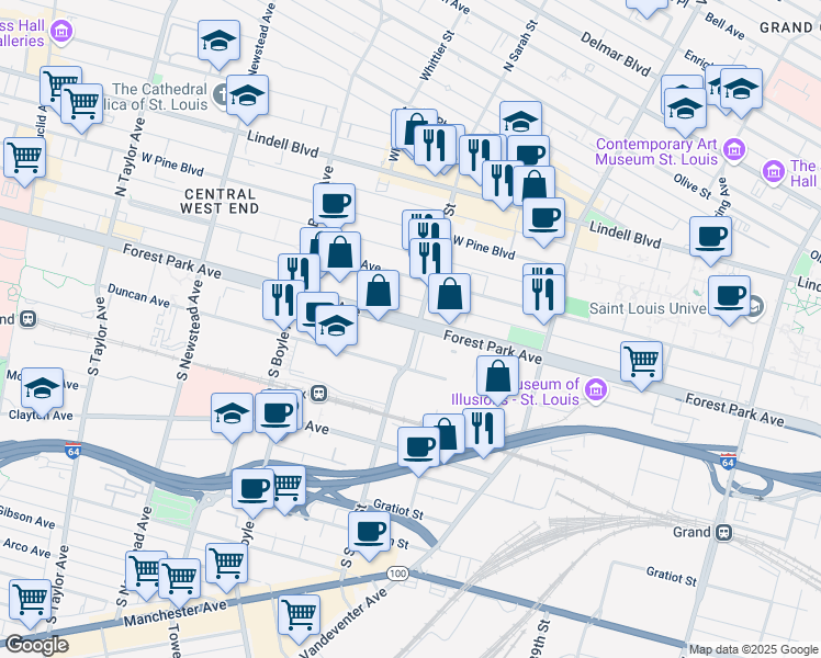 map of restaurants, bars, coffee shops, grocery stores, and more near 4100 Forest Park Avenue in St. Louis