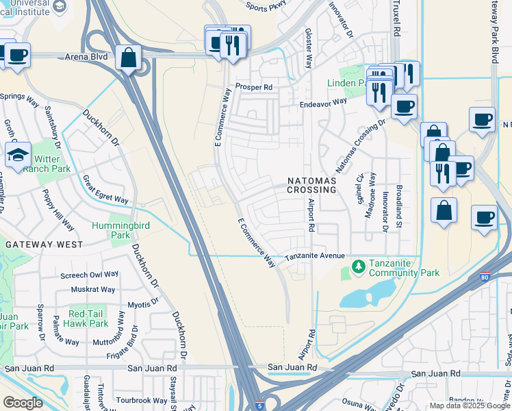map of restaurants, bars, coffee shops, grocery stores, and more near 2591 Buzz Aldrin Way in Sacramento