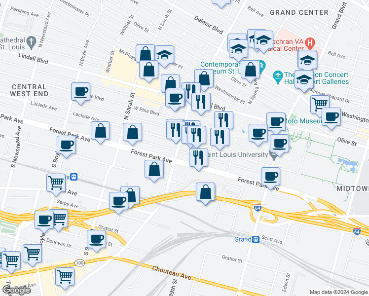 map of restaurants, bars, coffee shops, grocery stores, and more near 3848 Laclede Avenue in St. Louis