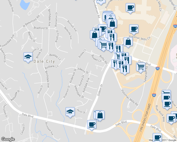 map of restaurants, bars, coffee shops, grocery stores, and more near 14604 Ashdale Avenue in Woodbridge