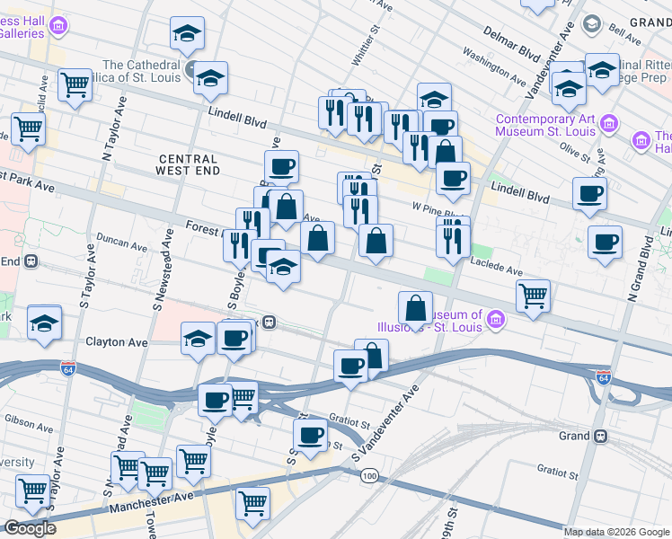 map of restaurants, bars, coffee shops, grocery stores, and more near 205 South Sarah Street in St. Louis