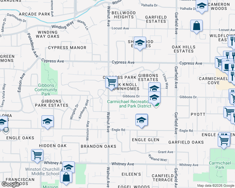 map of restaurants, bars, coffee shops, grocery stores, and more near 5112 Gibbons Drive in Carmichael