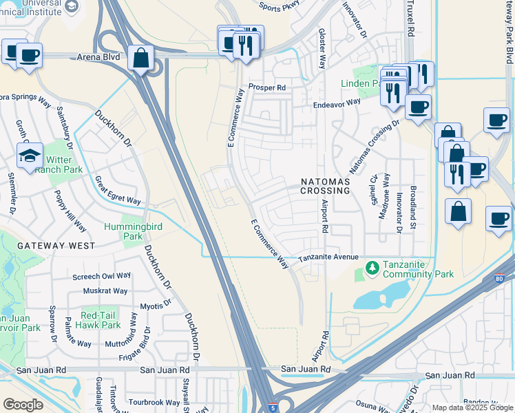 map of restaurants, bars, coffee shops, grocery stores, and more near 3694 East Commerce Way in Sacramento