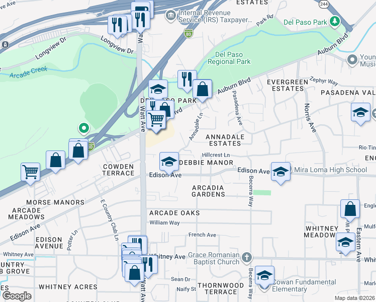 map of restaurants, bars, coffee shops, grocery stores, and more near 3836 Annadale Lane in Sacramento