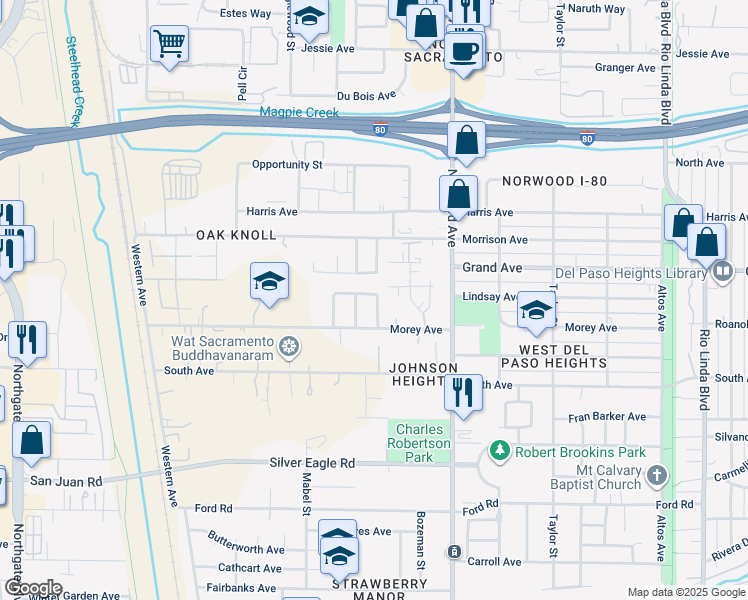 map of restaurants, bars, coffee shops, grocery stores, and more near 3712 Laverton Way in Sacramento