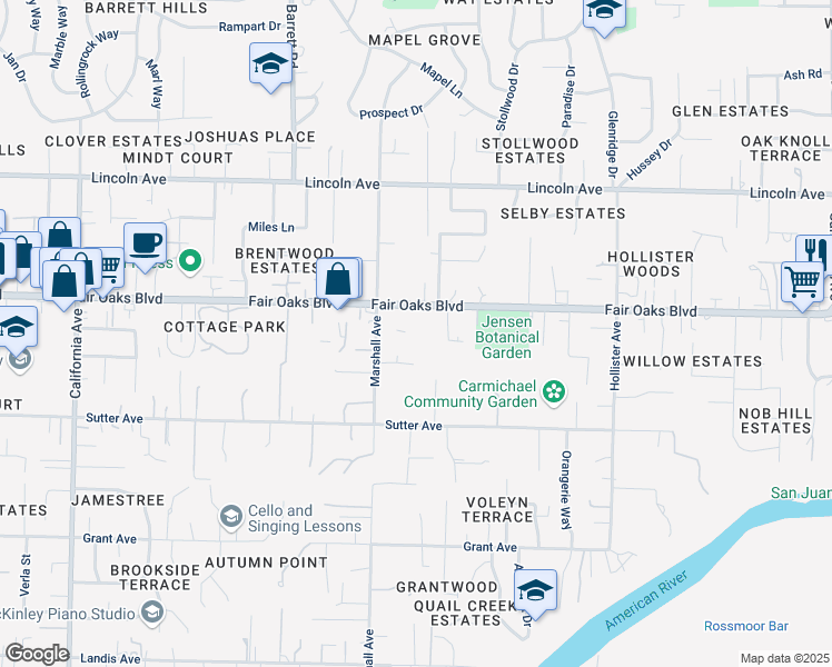 map of restaurants, bars, coffee shops, grocery stores, and more near 8366 Fair Oaks Boulevard in Carmichael