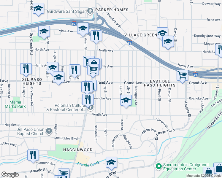 map of restaurants, bars, coffee shops, grocery stores, and more near 3723 Jasmine Street in Sacramento