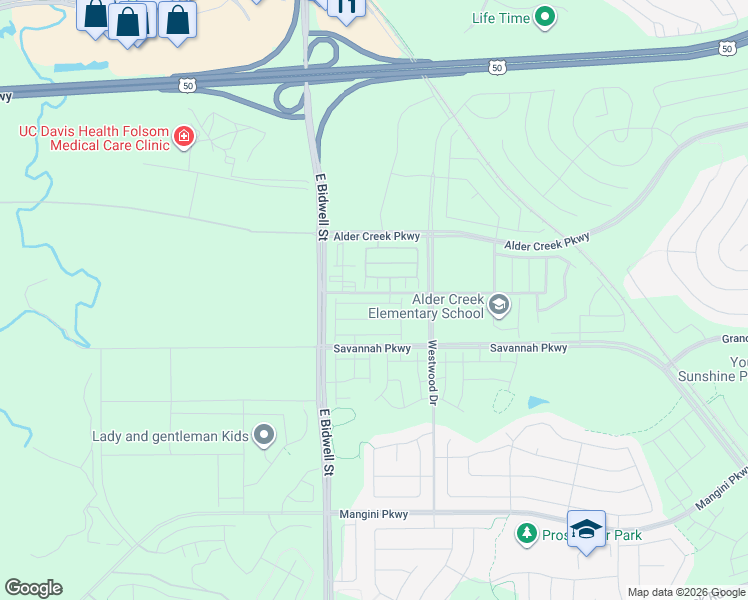 map of restaurants, bars, coffee shops, grocery stores, and more near Scott Road in Folsom