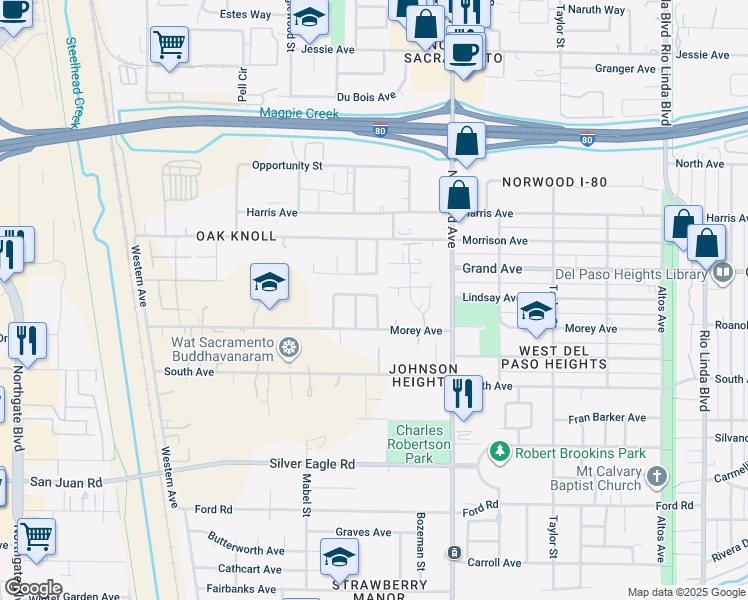 map of restaurants, bars, coffee shops, grocery stores, and more near 3712 Laverton Way in Sacramento