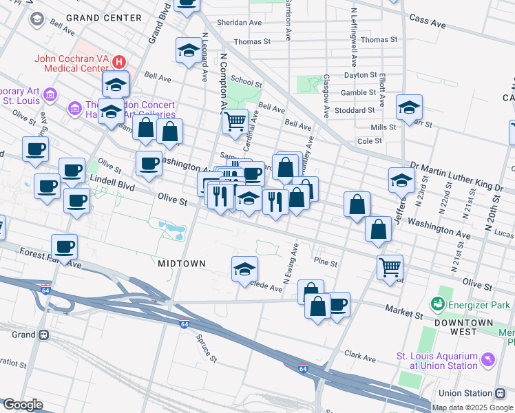 map of restaurants, bars, coffee shops, grocery stores, and more near 3000 Locust Street in St. Louis