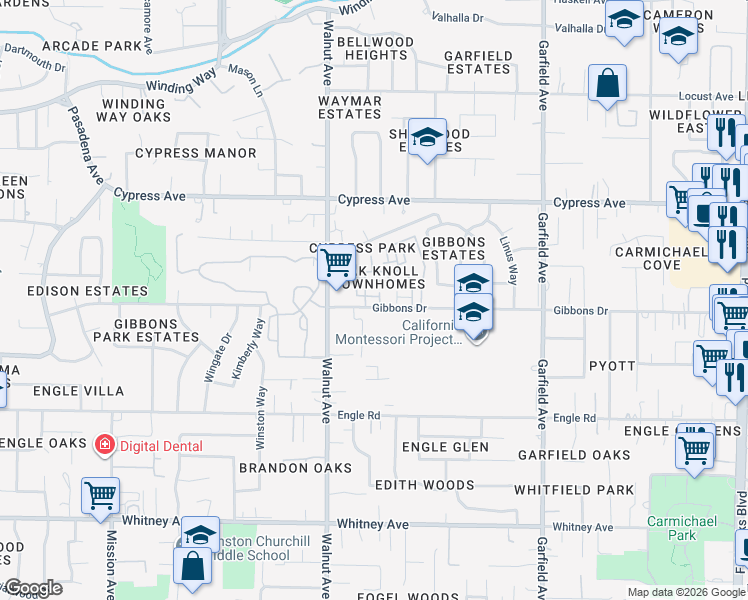 map of restaurants, bars, coffee shops, grocery stores, and more near 5207 Gibbons Drive in Carmichael
