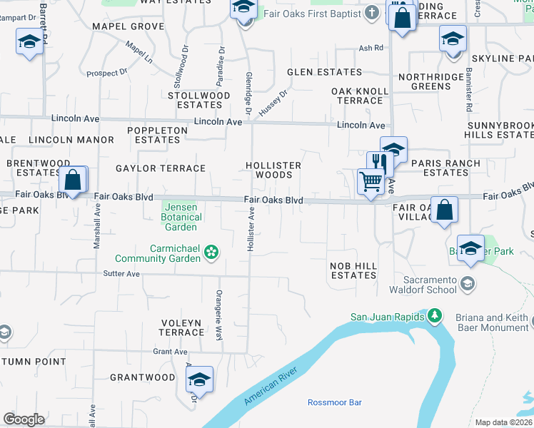 map of restaurants, bars, coffee shops, grocery stores, and more near 8732 Fair Oaks Boulevard in Carmichael