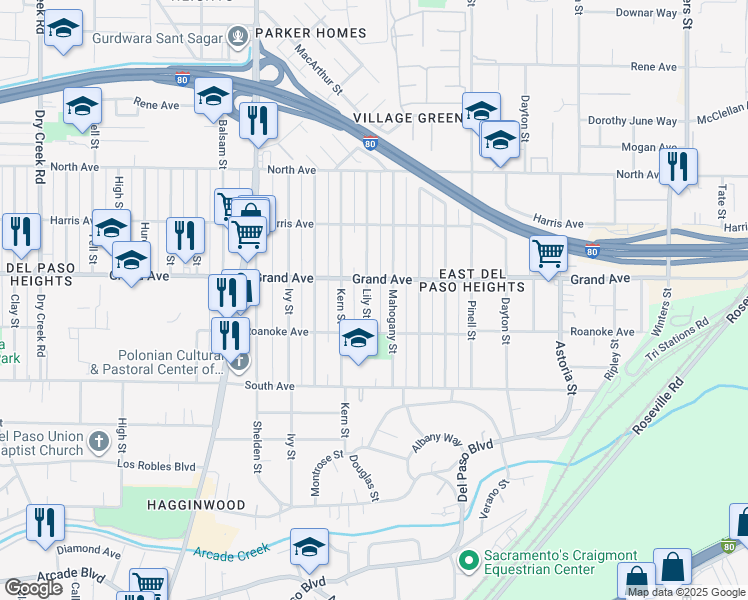 map of restaurants, bars, coffee shops, grocery stores, and more near 3728 Lily Street in Sacramento