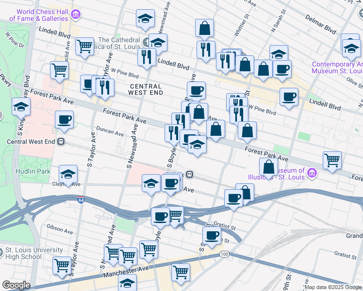 map of restaurants, bars, coffee shops, grocery stores, and more near 4241 Duncan Avenue in St. Louis