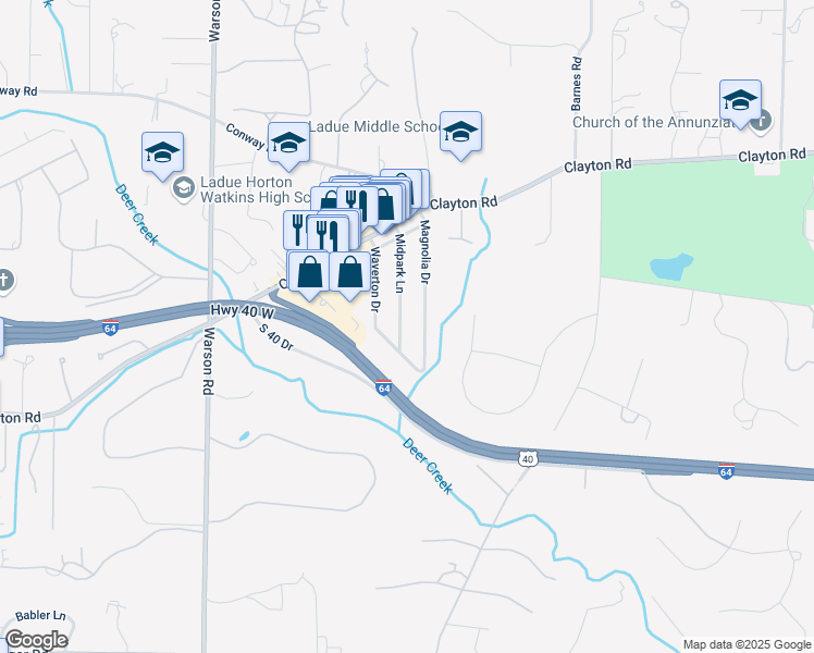 map of restaurants, bars, coffee shops, grocery stores, and more near 37 Midpark Lane in St. Louis
