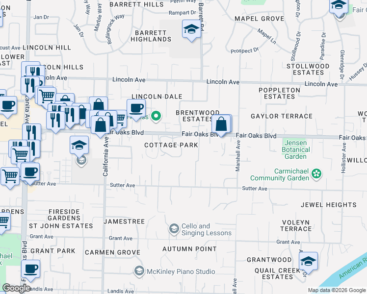 map of restaurants, bars, coffee shops, grocery stores, and more near 3984 Park Circle Lane in Carmichael