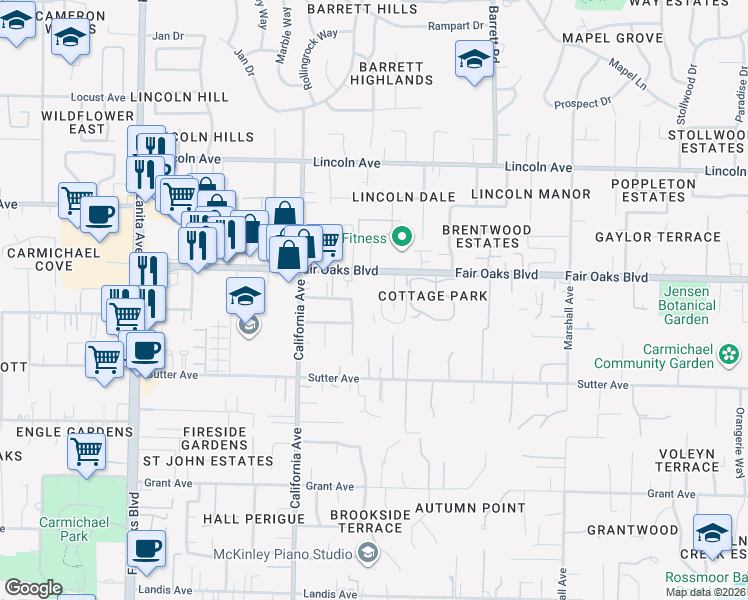 map of restaurants, bars, coffee shops, grocery stores, and more near 3920 Delaware Avenue in Carmichael