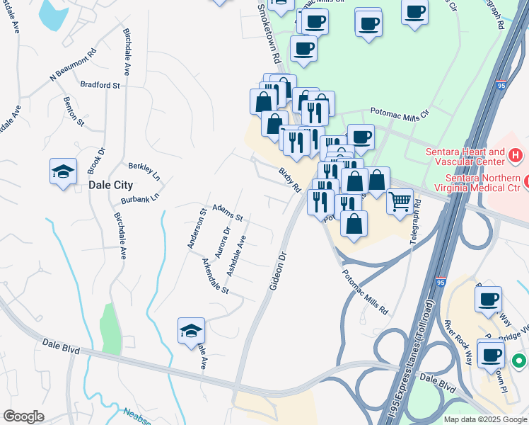 map of restaurants, bars, coffee shops, grocery stores, and more near 14600 Charity Court in Woodbridge