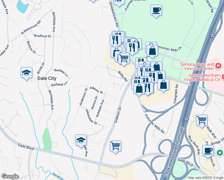 map of restaurants, bars, coffee shops, grocery stores, and more near 14600 Charity Court in Woodbridge