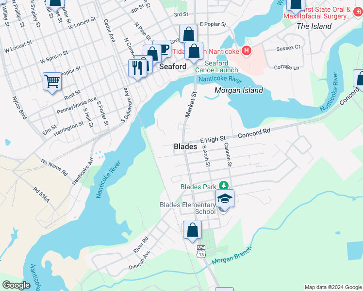 map of restaurants, bars, coffee shops, grocery stores, and more near 17 South Market Street in Blades