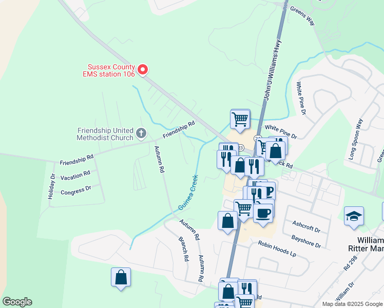 map of restaurants, bars, coffee shops, grocery stores, and more near 25632 Azalea Lane in Millsboro