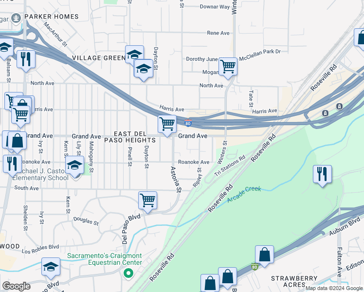 map of restaurants, bars, coffee shops, grocery stores, and more near 3740 Astoria Street in Sacramento