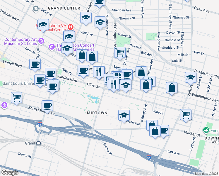 map of restaurants, bars, coffee shops, grocery stores, and more near in St. Louis