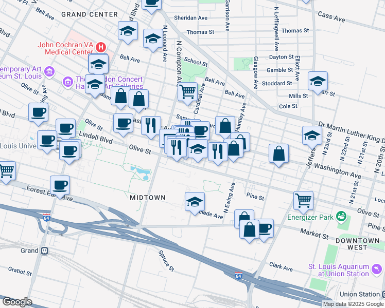 map of restaurants, bars, coffee shops, grocery stores, and more near 3041 Olive Street in St. Louis