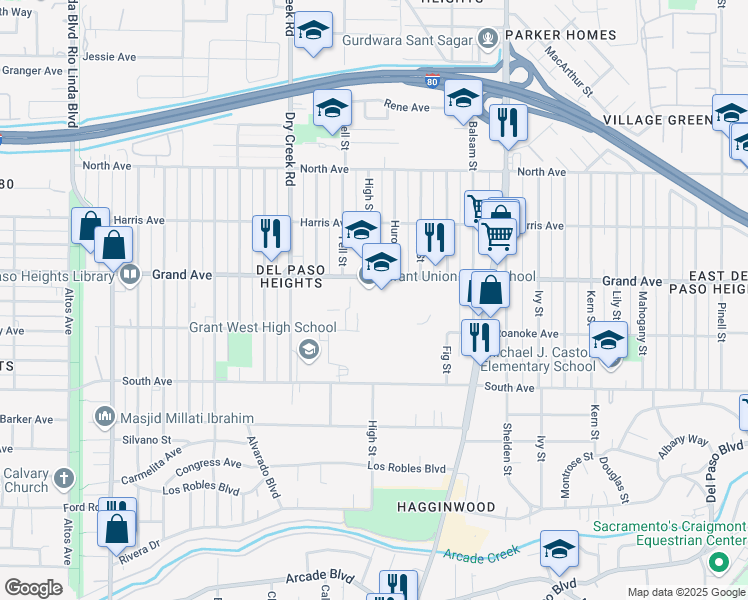map of restaurants, bars, coffee shops, grocery stores, and more near 1400 Grand Avenue in Sacramento