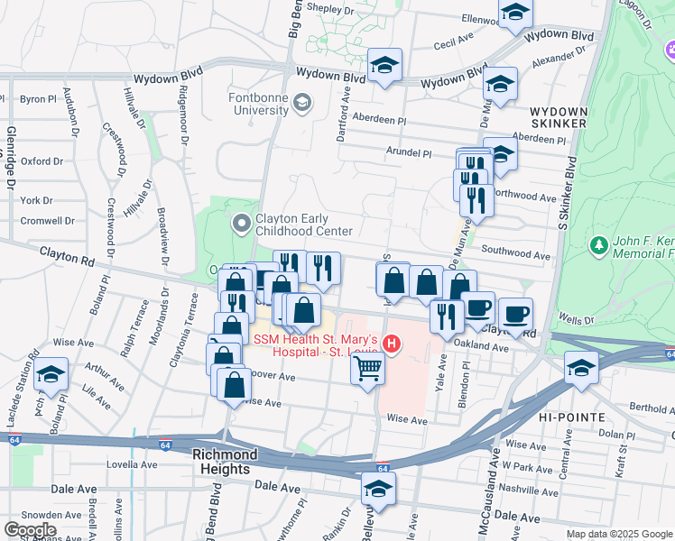 map of restaurants, bars, coffee shops, grocery stores, and more near 6501 Clayton Road in Clayton