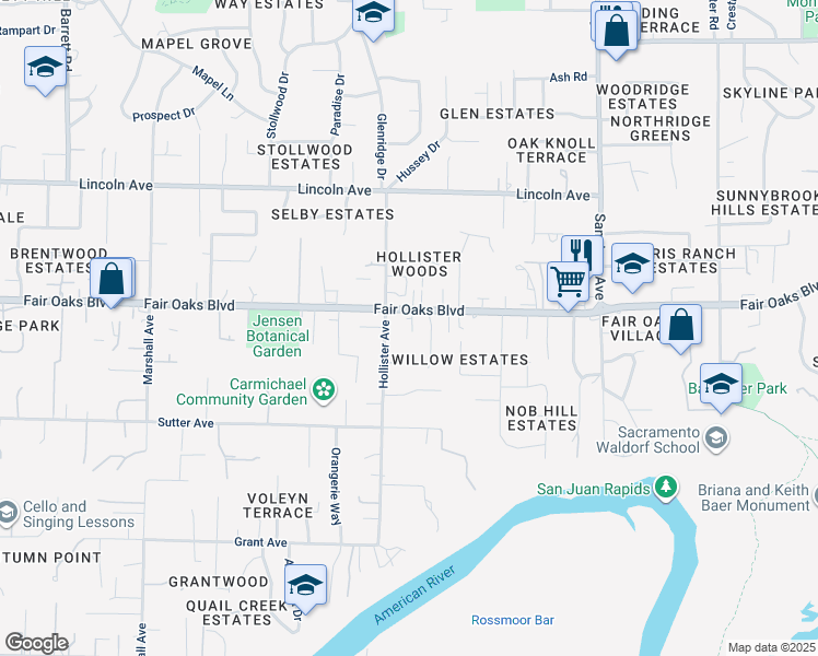 map of restaurants, bars, coffee shops, grocery stores, and more near 8732 Fair Oaks Boulevard in Carmichael