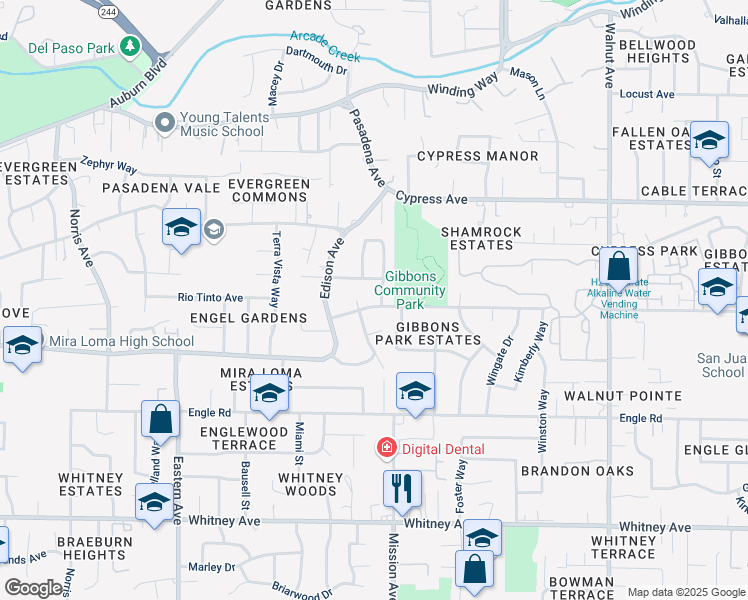 map of restaurants, bars, coffee shops, grocery stores, and more near 4636 Gibbons Drive in Sacramento