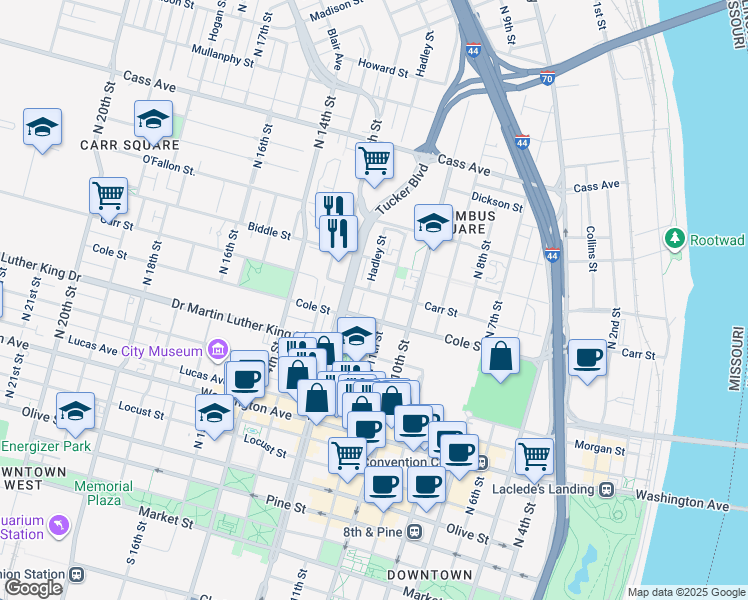 map of restaurants, bars, coffee shops, grocery stores, and more near 1018 North 11th Street in St. Louis