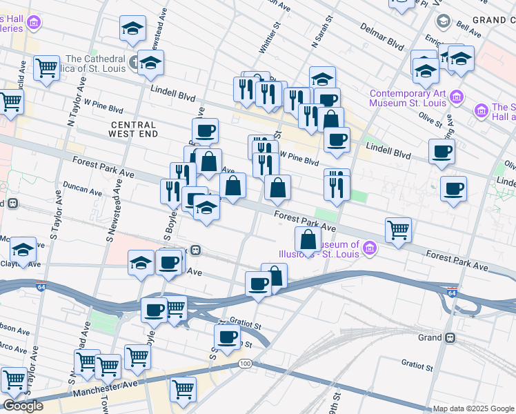 map of restaurants, bars, coffee shops, grocery stores, and more near 205 South Sarah Street in St. Louis