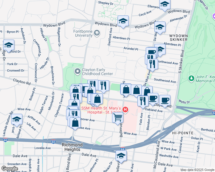 map of restaurants, bars, coffee shops, grocery stores, and more near 6625 Alamo Avenue in Clayton