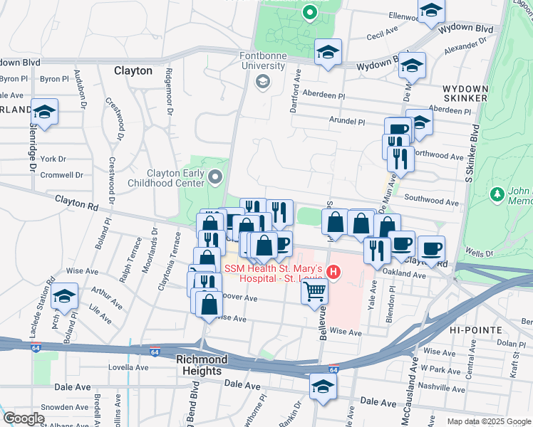 map of restaurants, bars, coffee shops, grocery stores, and more near 6625 Alamo Avenue in Clayton