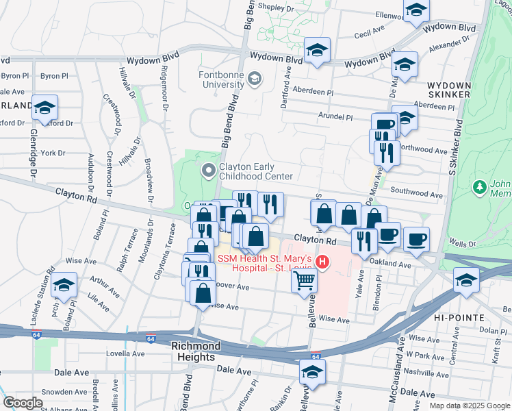 map of restaurants, bars, coffee shops, grocery stores, and more near 925 Concordia Lane in Clayton