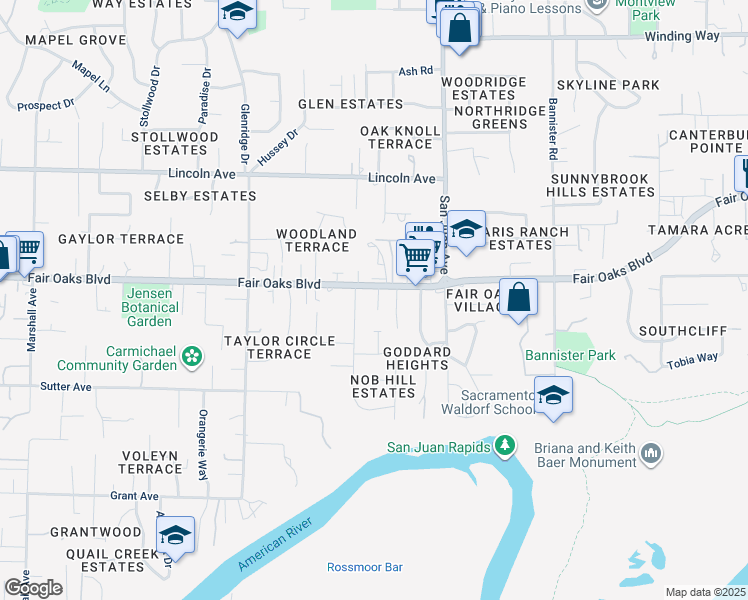 map of restaurants, bars, coffee shops, grocery stores, and more near 3930 Renner Street in Carmichael