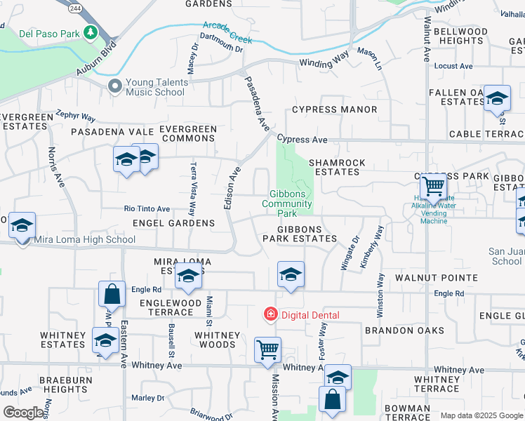 map of restaurants, bars, coffee shops, grocery stores, and more near 4636 Gibbons Drive in Sacramento