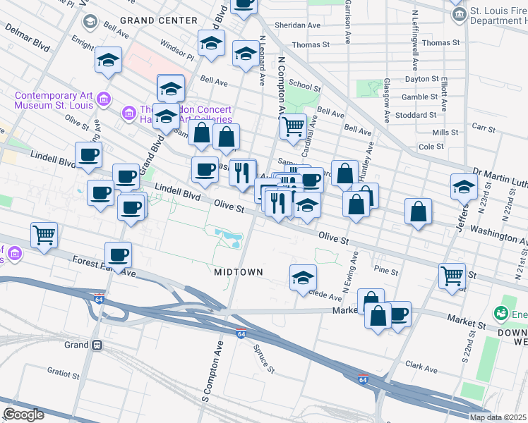 map of restaurants, bars, coffee shops, grocery stores, and more near in St. Louis