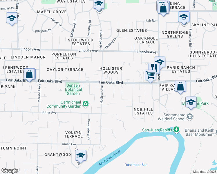 map of restaurants, bars, coffee shops, grocery stores, and more near 8732 Fair Oaks Boulevard in Carmichael